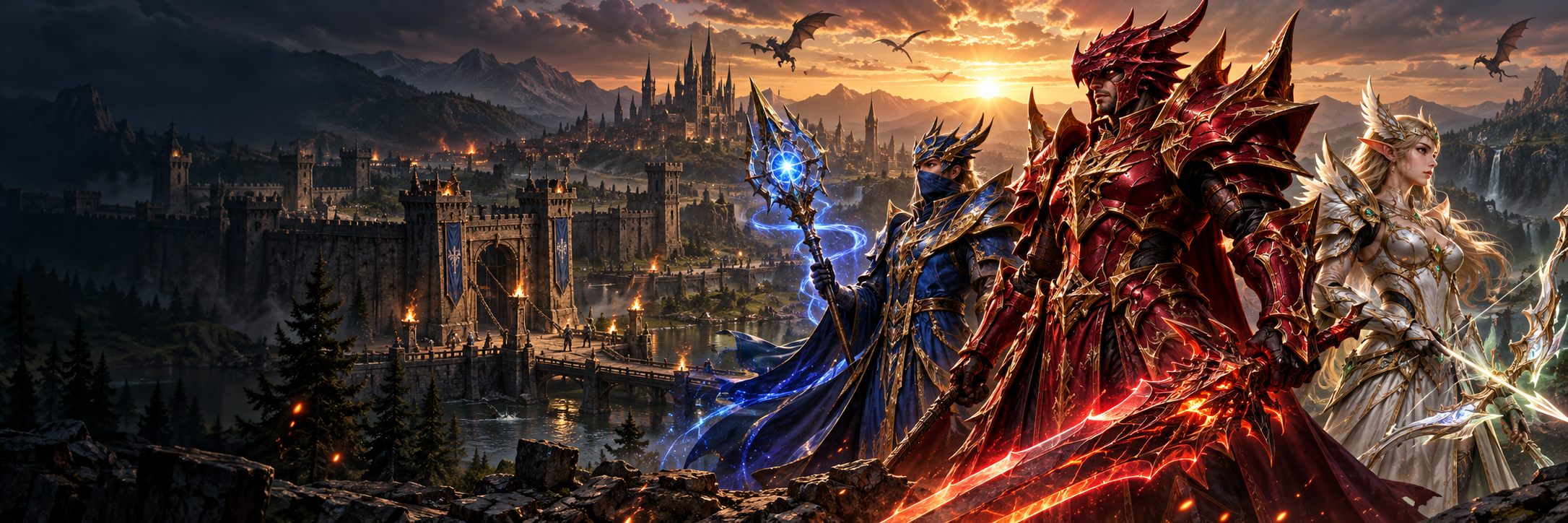 MU Online-inspired Dark Knight, Dark Wizard and Fairy Elf overlooking the gates of Lorencia